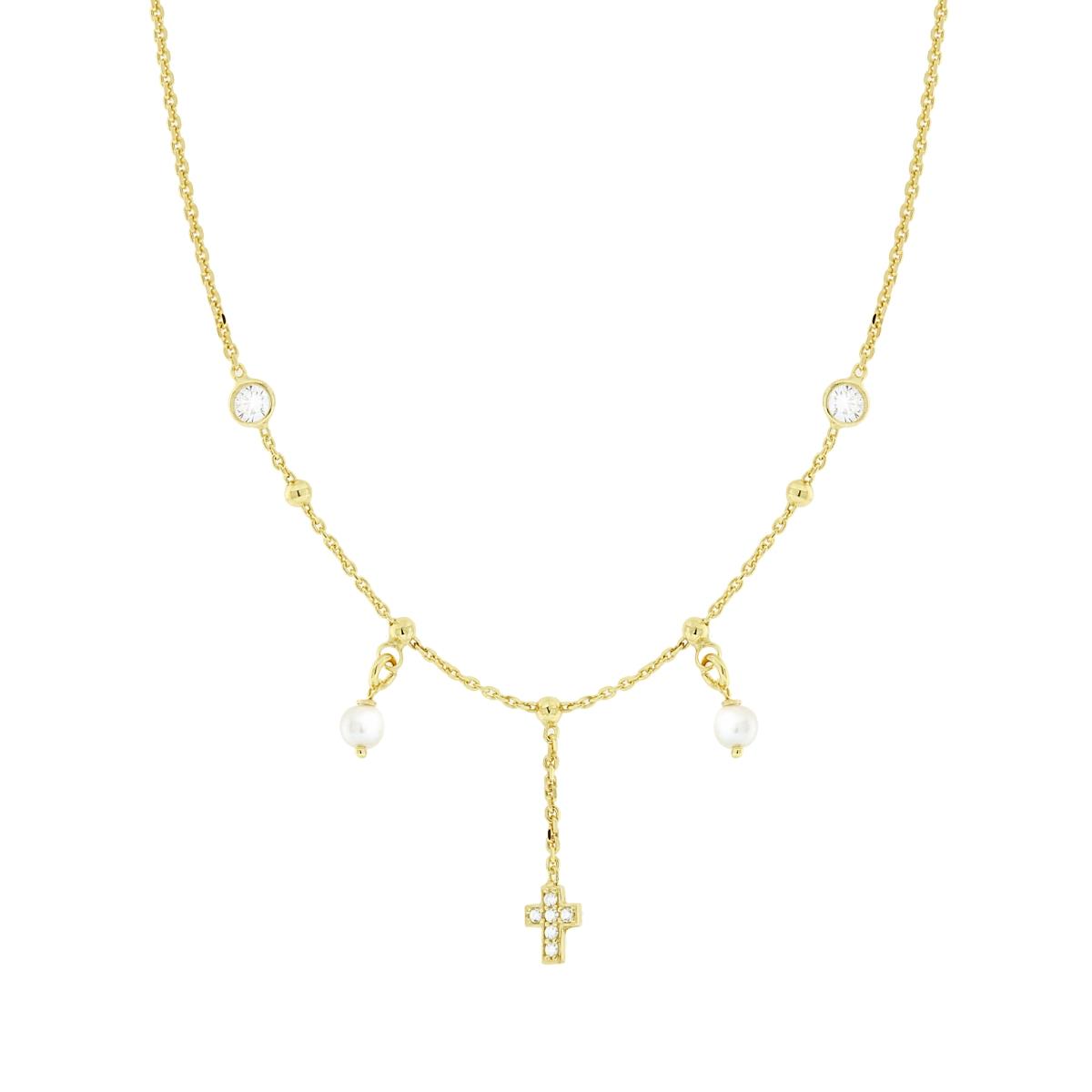 Collana Catena Forzatina Diamantata con Perle Croce e Cubic Zirconia Bianchi in ARGENTO 925 Galvanica Oro