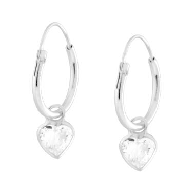 Orecchini Cerchio mm 12 con Cuore Cubic Zirconia Bianco pendente in ARGENTO 925