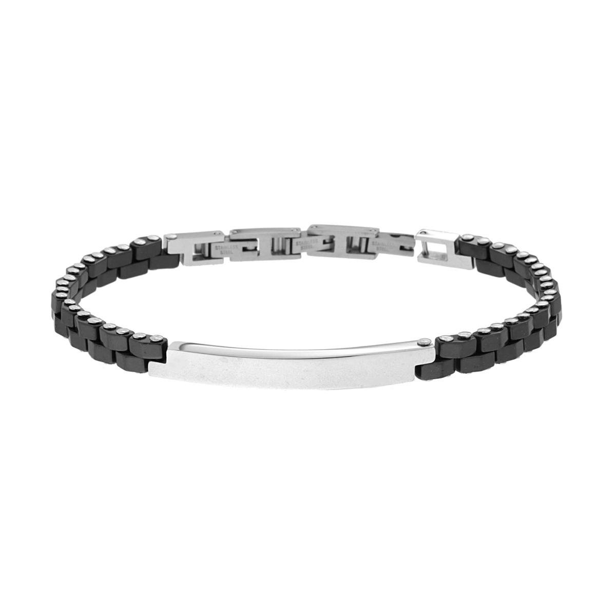 Bracciale Uomo con Catena Imperniata in Ceramica Nero e Targa in ACCIAIO