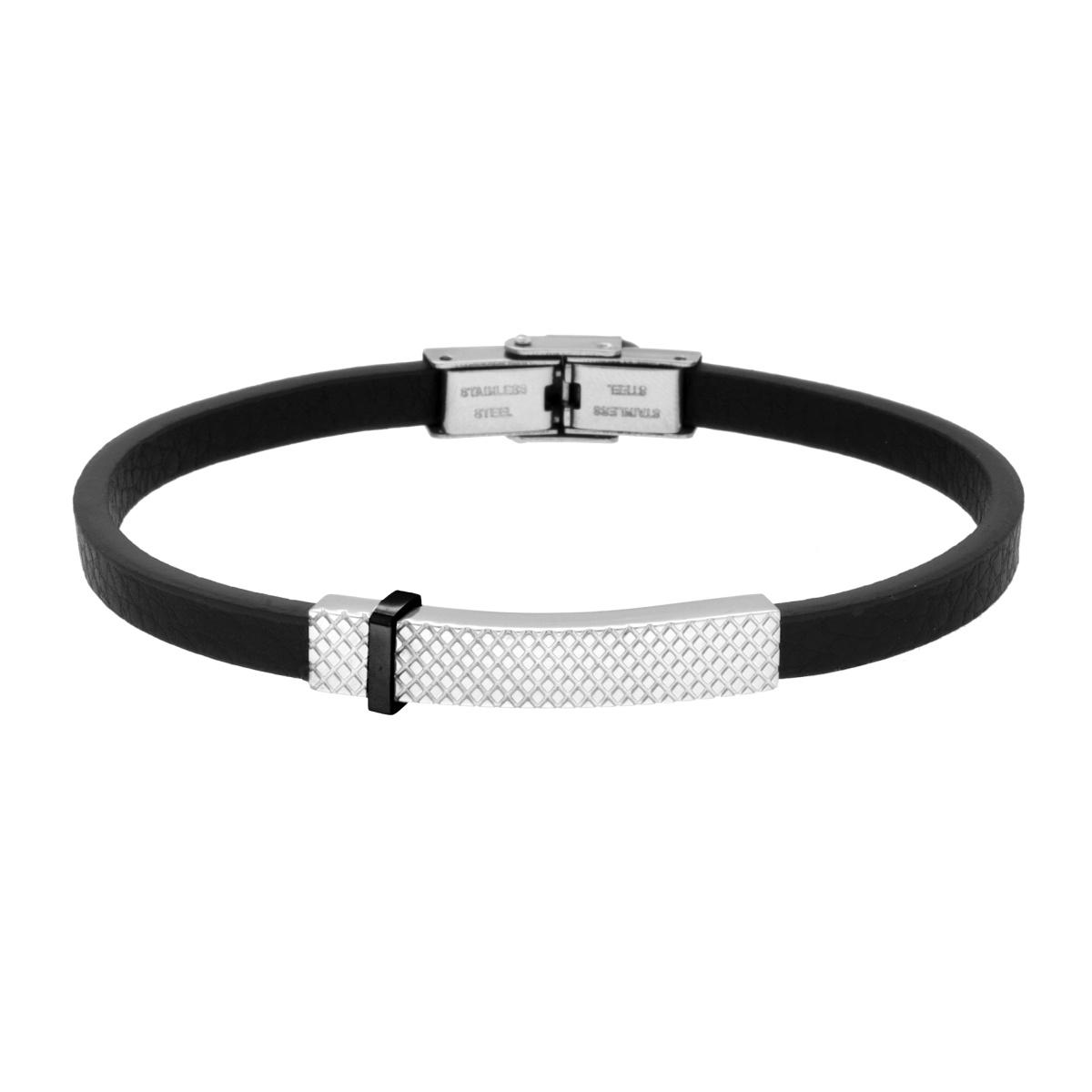 Bracciale Uomo in Ecopelle colore Nero con Targa Zigrinata e Accessorio Nero in ACCIAIO