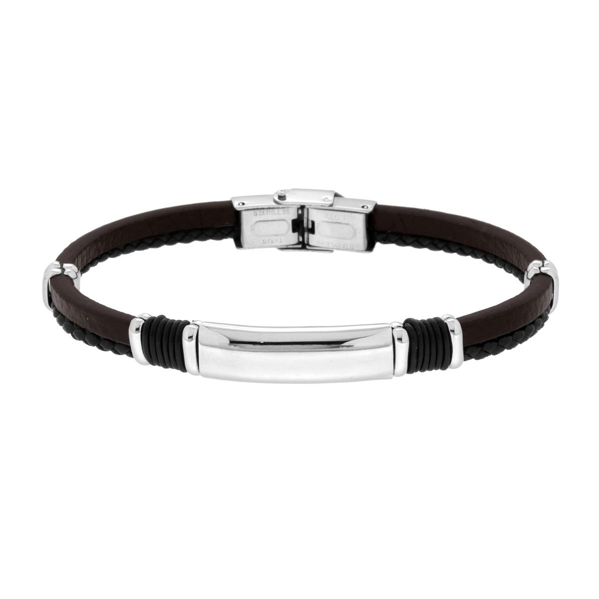 Bracciale Uomo due fili in Ecopelle colore Marrone e Nero Intrecciata con Targa e Accessori in ACCIAIO