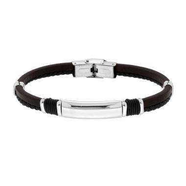 Bracciale Uomo due fili in Ecopelle colore Marrone e Nero Intrecciata con Targa e Accessori in ACCIAIO