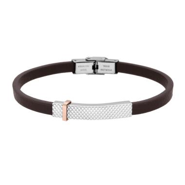 Bracciale Uomo in Ecopelle colore Marrone con Targa Zigrinata e Accessorio Rosa in ACCIAIO