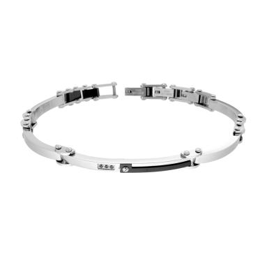 Bracciale Uomo Catena Imperniata con Ceramica Nera e Targa con Crystal Neri in ACCIAIO