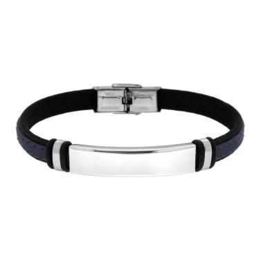 Bracciale Uomo in Ecopelle colore Blu e Tessuto Nero con Targa e Accessori in ACCIAIO