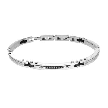 Bracciale Uomo Catena Imperniata con Ceramica Nera e Targa con Crystal Neri in ACCIAIO