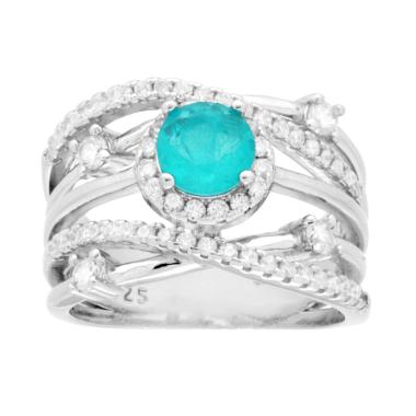 Anello Fascia Tondo Tormalina Paraiba contornato da Cubic Zirconia Bianchi in ARGENTO 925 Galvanica Rodio