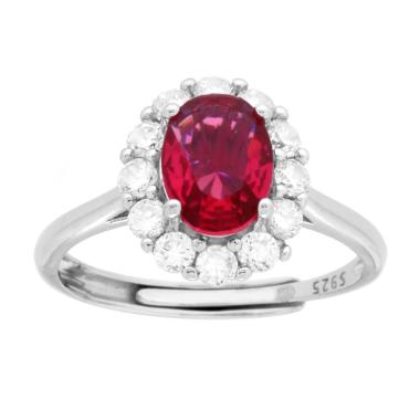 Anello Halo Ovale Rosso Rubino contornato da Cubic Zirconia Bianchi in ARGENTO 925 Galvanica Rodio