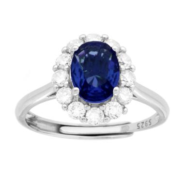 Anello Halo Ovale Blu Zaffiro contornato da Cubic Zirconia Bianchi in ARGENTO 925 Galvanica Rodio