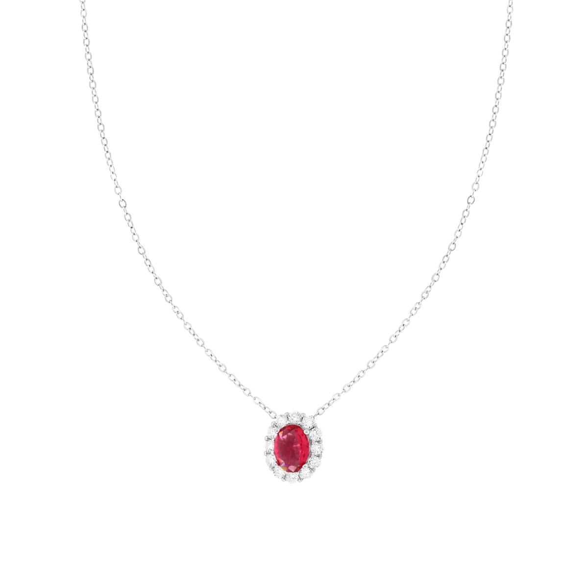 Collana Catena Forzatina Diamantata con Ovale Rosso Rubino contornato da Cubic Zirconia Bianchi in ARGENTO 925 Galvanica Rodio