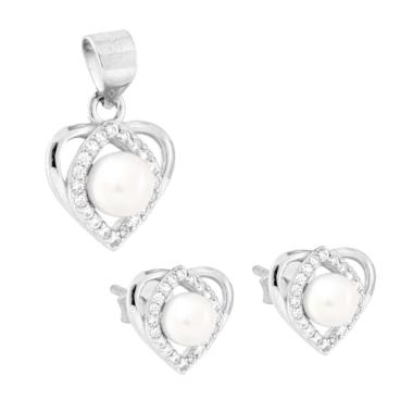 Parure Set Orecchini e Ciondolo Cuore con Perla e Cubic Zirconia Bianchi in ARGENTO 925 Galvanica Rodio