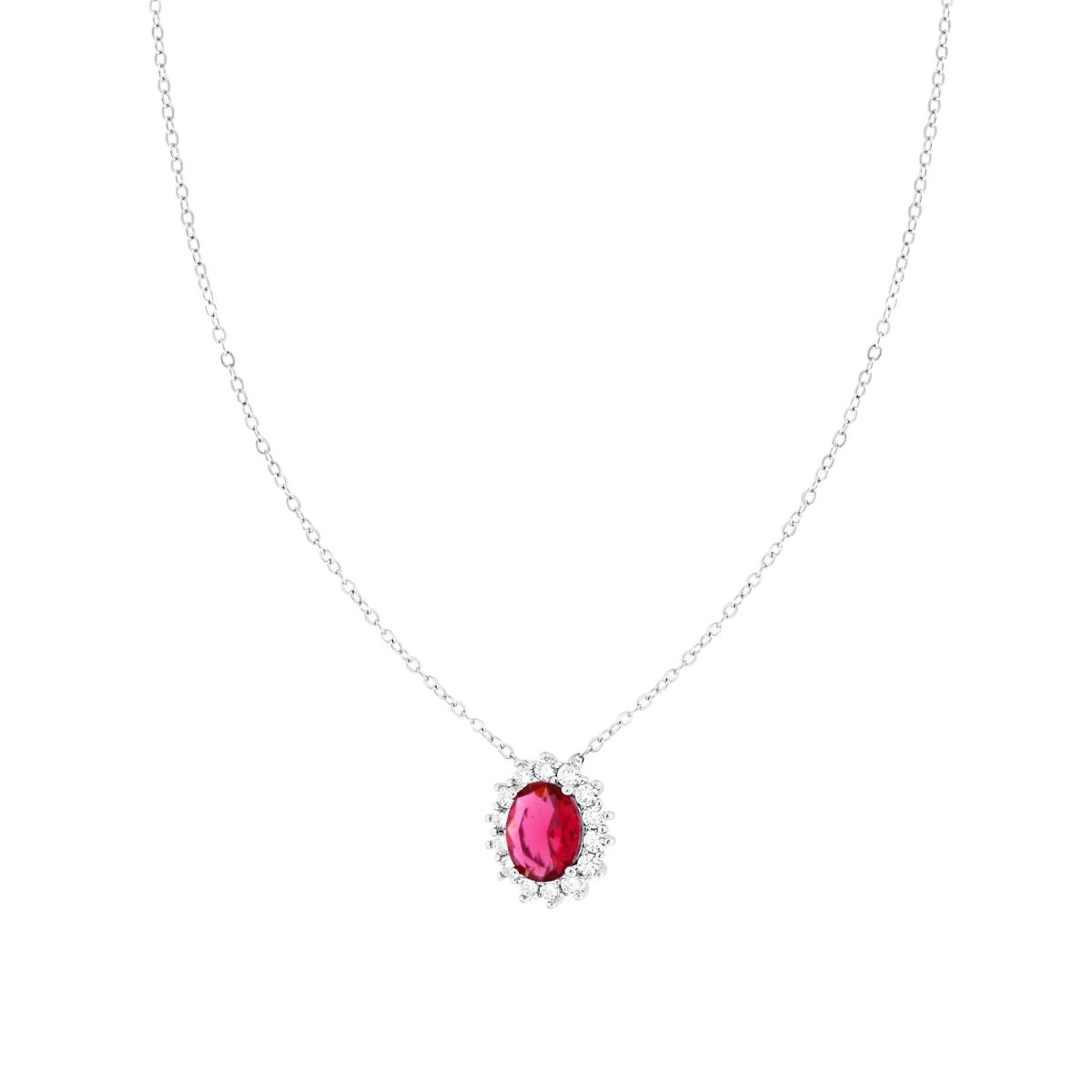 Collana Catena Forzatina Diamantata con Ovale Rosso Rubino contornato da Cubic Zirconia Bianchi in ARGENTO 925 Galvanica Rodio