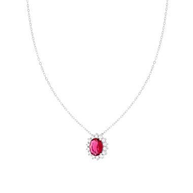 Collana Catena Forzatina Diamantata con Ovale Rosso Rubino contornato da Cubic Zirconia Bianchi in ARGENTO 925 Galvanica Rodio