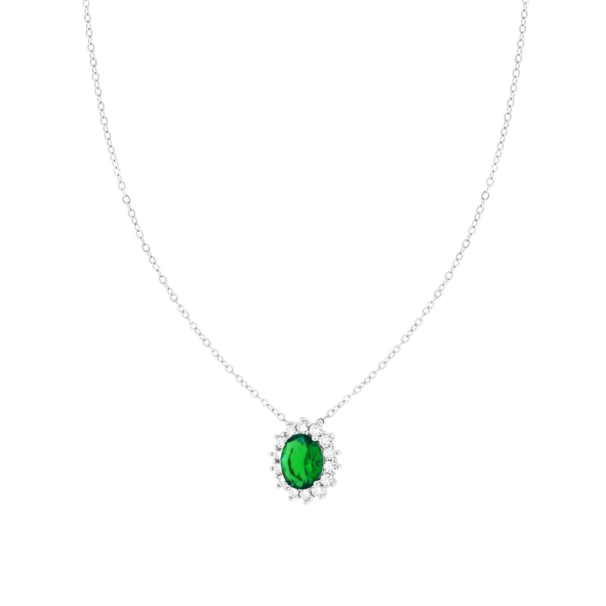 Collana Catena Forzatina Diamantata con Ovale Verde Smeraldo contornato da Cubic Zirconia Bianchi in ARGENTO 925 Galvanica Rodio