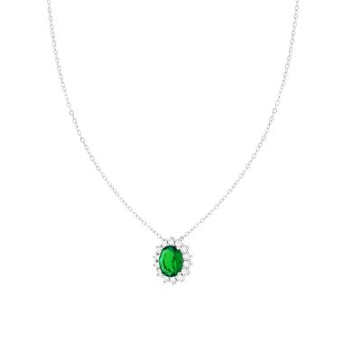 Collana Catena Forzatina Diamantata con Ovale Verde Smeraldo contornato da Cubic Zirconia Bianchi in ARGENTO 925 Galvanica Rodio