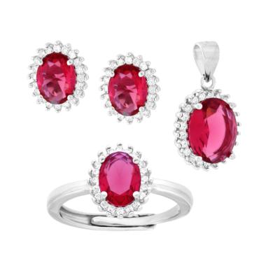 Parure Set Ciondolo Orecchini Anello Ovale Rosso Rubino contornato da Cubic Zirconia Bianchi in ARGENTO 925 Galvanica Rodio