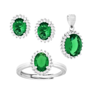 Parure Set Ciondolo Orecchini Anello Ovale Verde Smeraldo contornato da Cubic Zirconia Bianchi in ARGENTO 925 Galvanica Rodio