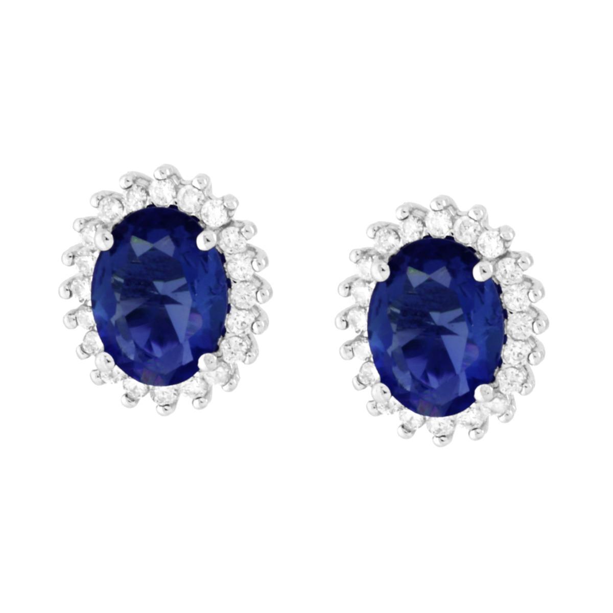 Parure Set Ciondolo Orecchini Anello Ovale Blu Zaffiro contornato da Cubic Zirconia Bianchi in ARGENTO 925 Galvanica Rodio