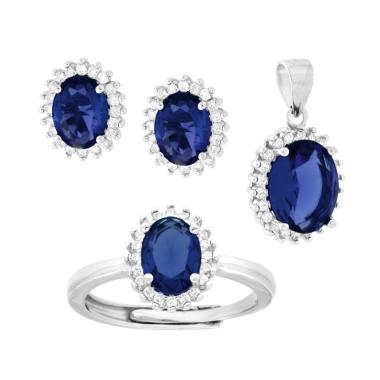 Parure Set Ciondolo Orecchini Anello Ovale Blu Zaffiro contornato da Cubic Zirconia Bianchi in ARGENTO 925 Galvanica Rodio