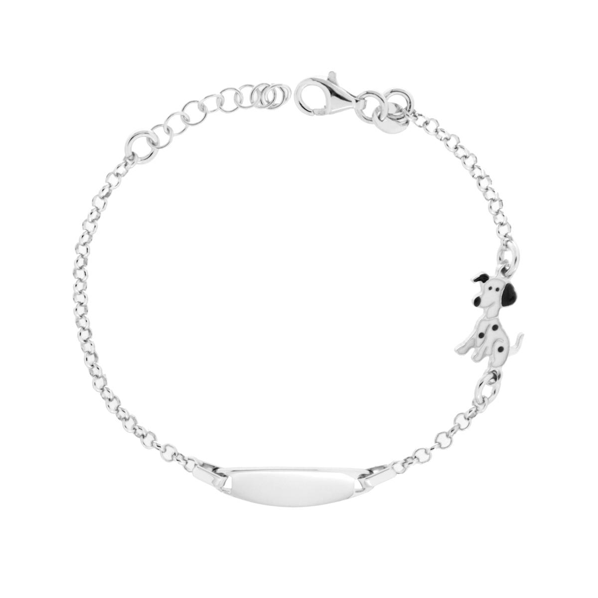 Bracciale Bimbo Bimba Targa Ovale con Catena Rolo e Cane Dalmata con Smalto Bianco e Nero in ARGENTO 925 Galvanica Rodio