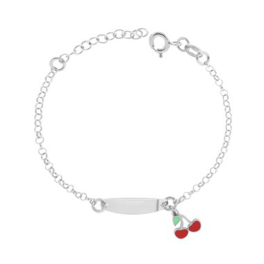 Bracciale Bimbo Bimba Targa Ovale con Catena Rolo e Ciliegie con Smalto Rosso e Verde in ARGENTO 925 Galvanica Rodio