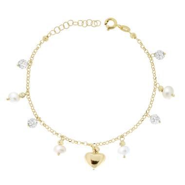 Bracciale Catena Rolo con Perle Palline Crystal Bianchi e Cuore Bombato pendenti in ARGENTO 925 Galvanica Oro