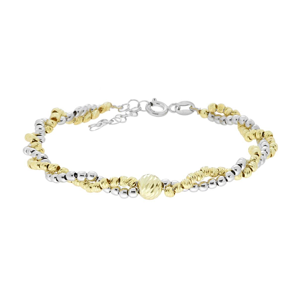 Bracciale Catena due fili Treccia di Palline Lisce e Diamantate in ARGENTO 925 Galvanica Rodio e Oro