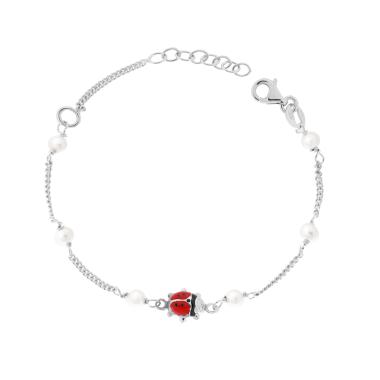 Bracciale Bimbo Bimba Catena Grumetta Diamantata con Coccinella smalto Rosso e Perle in ARGENTO 925 Galvanica Rodio