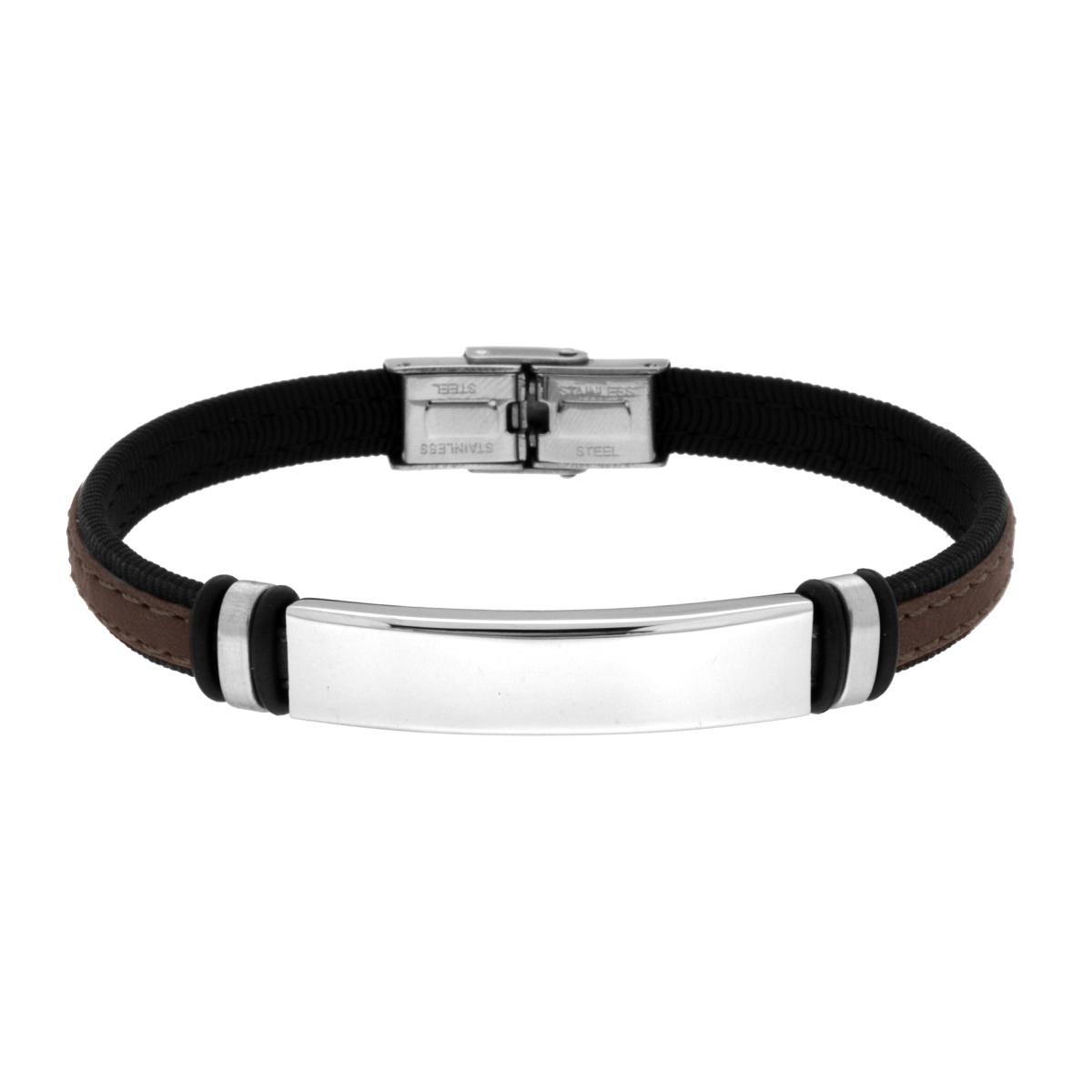 Bracciale Uomo in Ecopelle colore Marrone e Tessuto Nero con Targa e Accessori in ACCIAIO