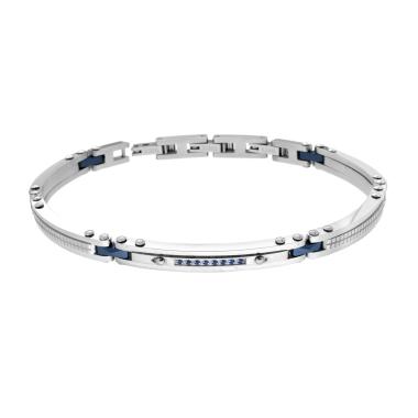 Bracciale Uomo Catena Imperniata con Ceramica Blu e Targa con Crystal Blu Zaffiro in ACCIAIO