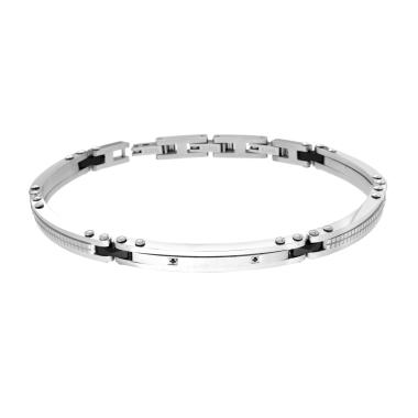 Bracciale Uomo Catena Imperniata con Ceramica Nera e Targa con Crystal Neri in ACCIAIO