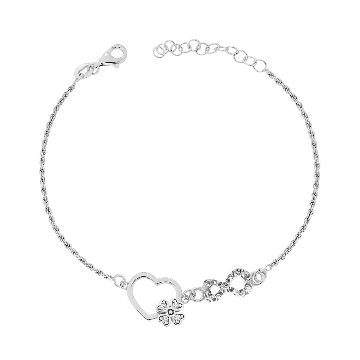 Bracciale Catena Corda Diamantata con Cuore Quadrifoglio Infinito e Cubic Zirconia Bianchi in ARGENTO 925 Galvanica Rodio