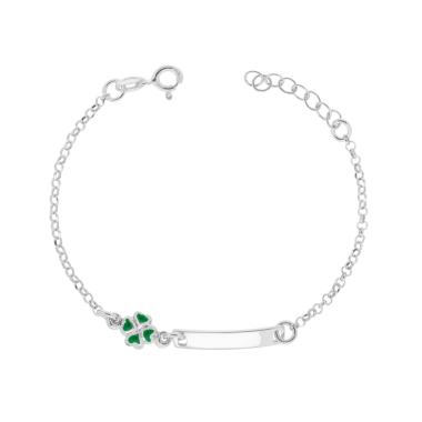 Bracciale Bimbo Bimba con Catena Rolo Diamantata Targa plain e Quadrifoglio smalto Verde in ARGENTO 925 Galvanica Rodio