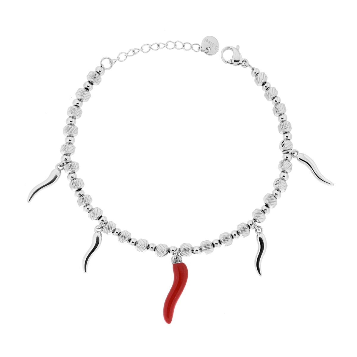 Bracciale Catena con Cilindretti Diamantati e Corni Portafortuna con Smalto Rosso in ACCIAIO