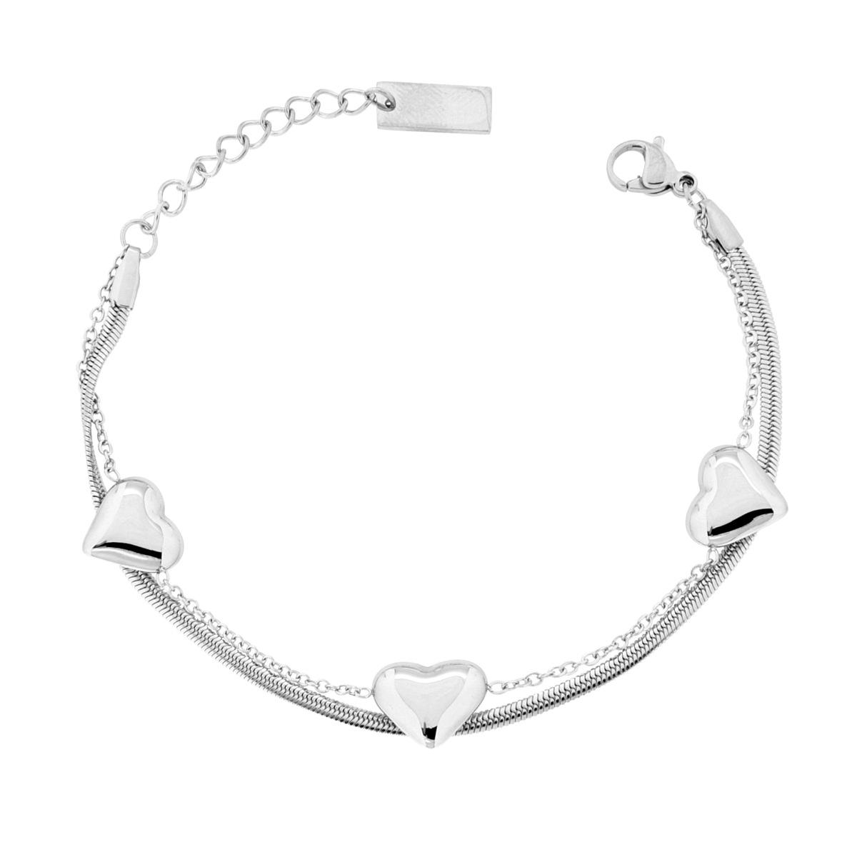 Bracciale due fili Catena Magik e Forzatina con Cuori Bombati in ACCIAIO