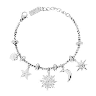 Bracciale Catena Veneziana Tonda con Lune Sole e Stelle con Crystal Bianchi in ACCIAIO