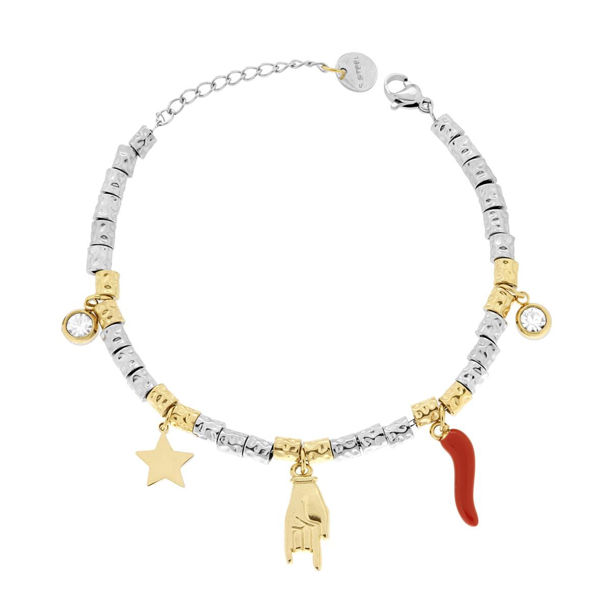 Bracciale Catena con Cilindri Martellati e Charms Portafortuna pendenti con Smalto Rosso e Crystal Bianchi in ACCIAIO e Colore Oro