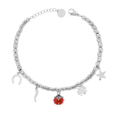 Bracciale Catena con Cilindri Martellati e Charms Portafortuna pendenti con Smalto Rosso in ACCIAIO