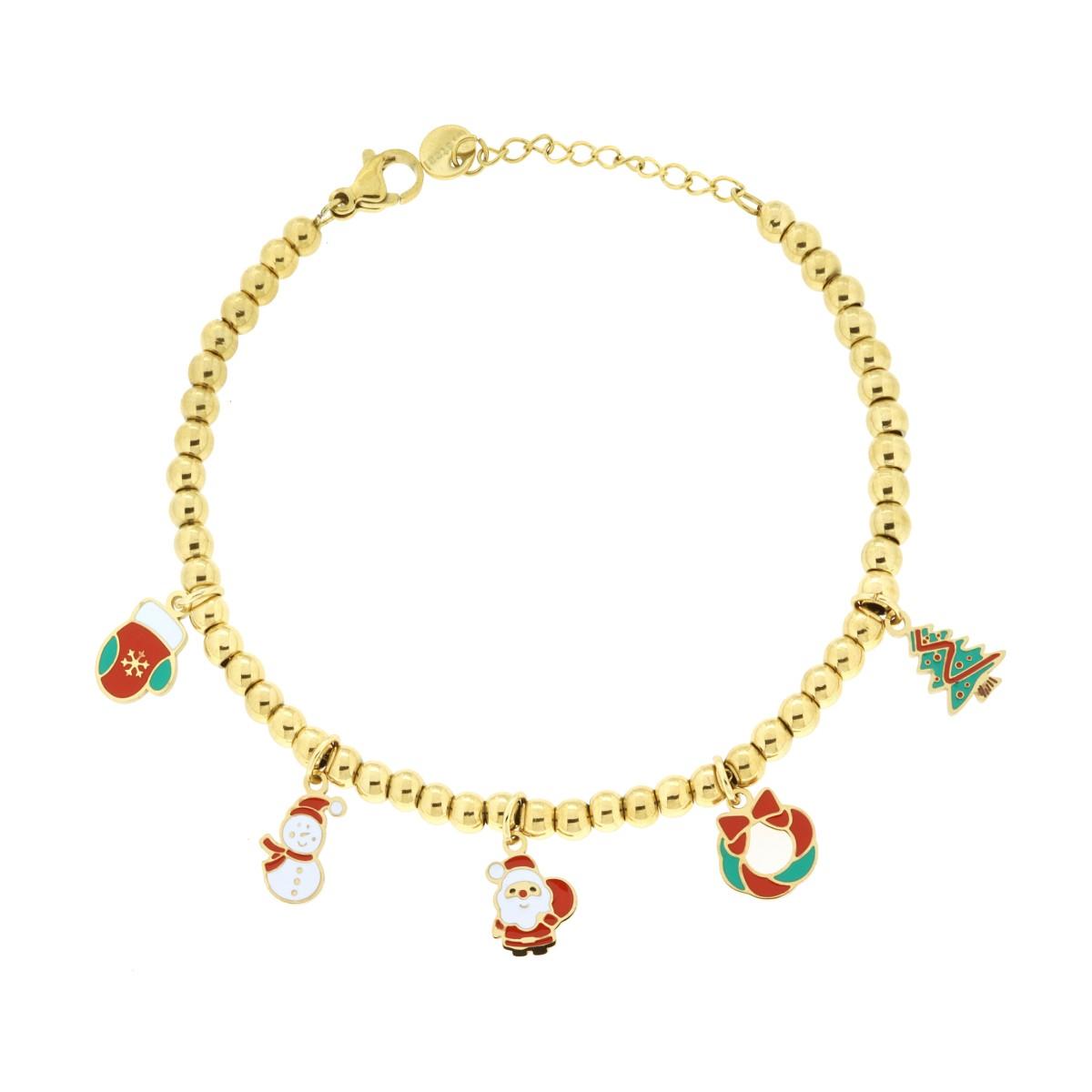 Bracciale Catena con Palline e Accessori Natale pendenti con Smalto Multicolor in ACCIAIO colore Oro