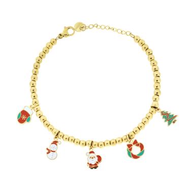 Bracciale Catena con Palline e Accessori Natale pendenti con Smalto Multicolor in ACCIAIO colore Oro