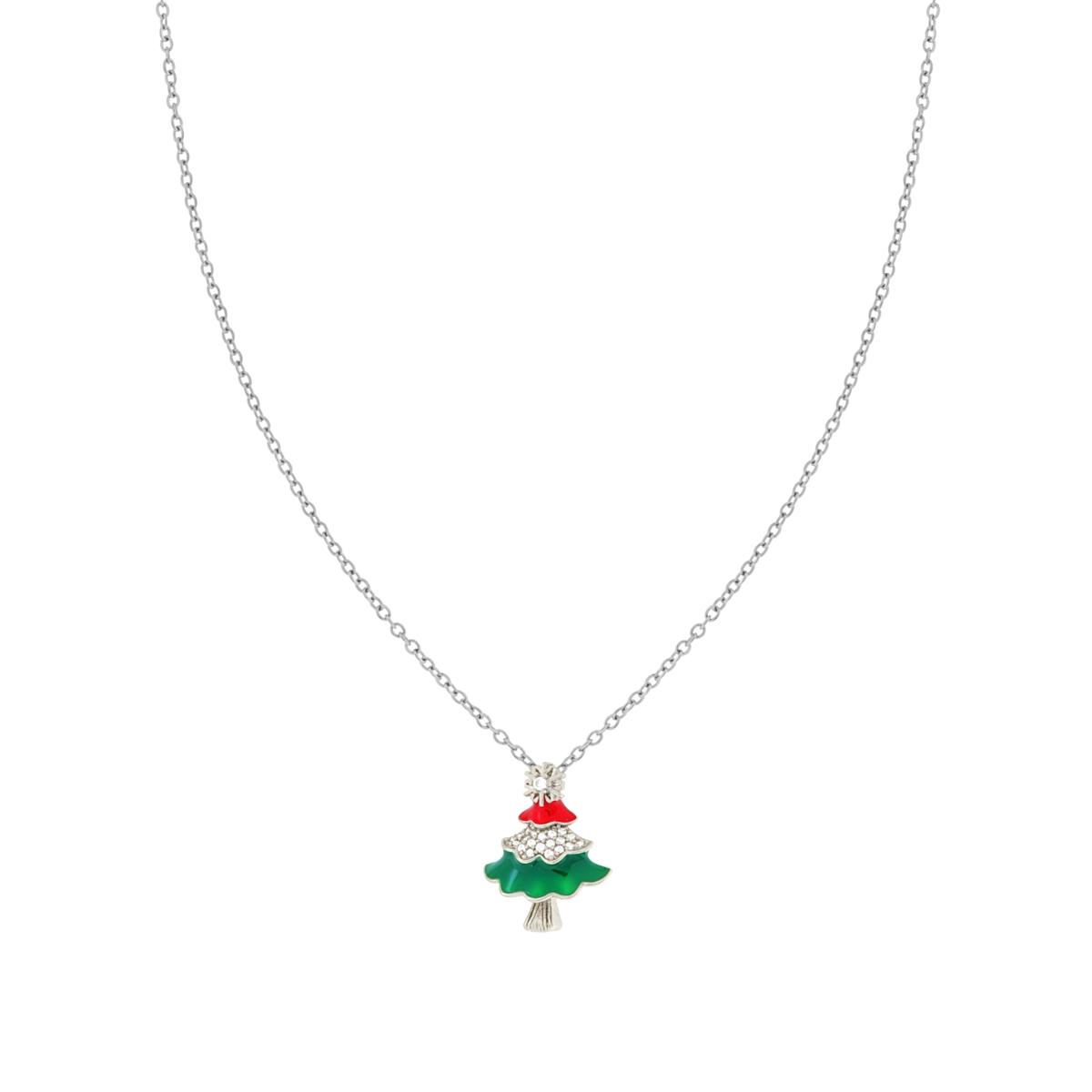 Collana Catena Forzatina Diamantata con Albero di Natale Smalto Multicolor e Crystal Bianchi in ACCIAIO