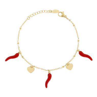 Bracciale Catena Forzatina con Cuori plain e Corni portafortuna smalto Rosso in ACCIAIO colore Oro