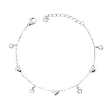 Bracciale Catena Forzatina con Cuori Bombati e Crystal Bianchi pendenti in ACCIAIO