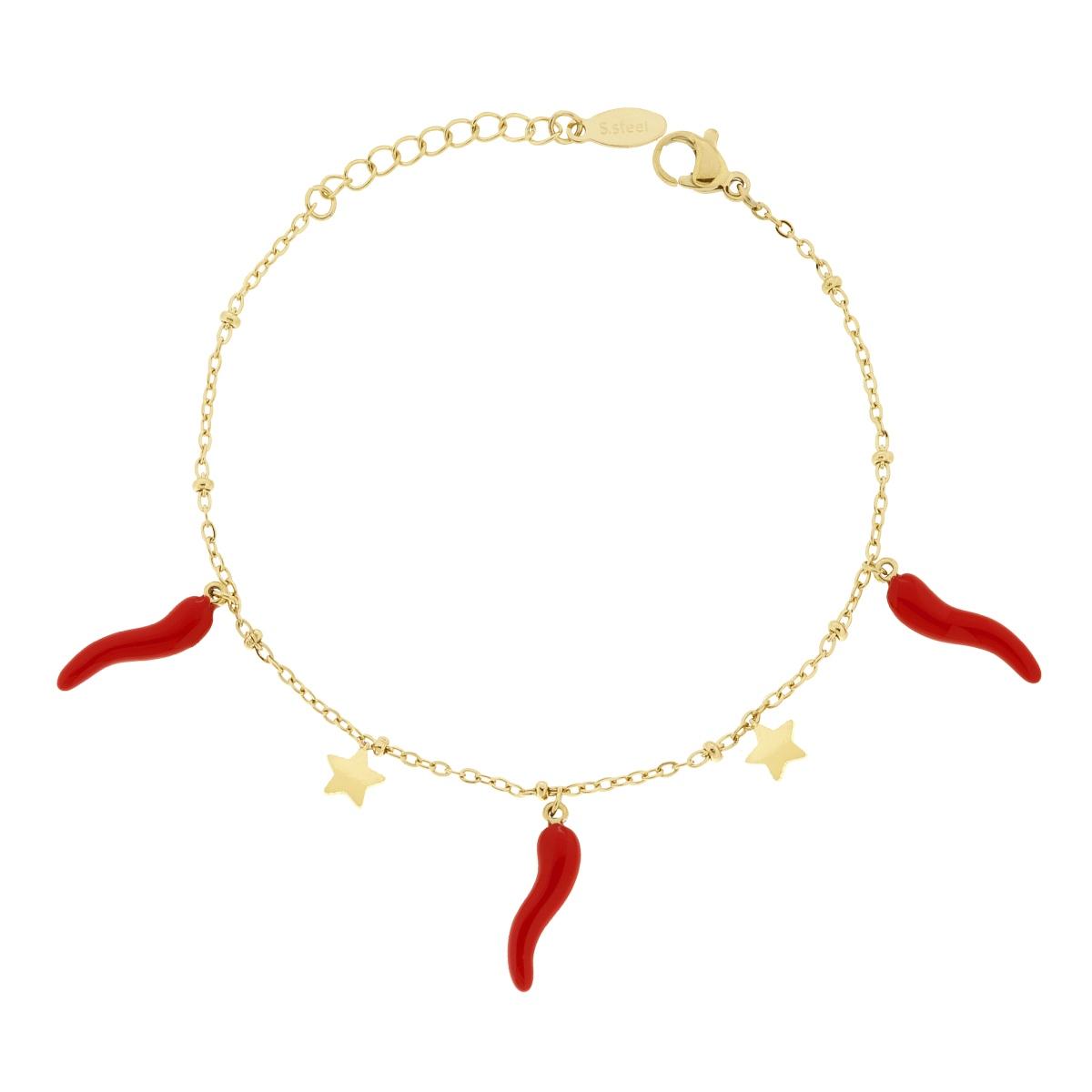 Bracciale Catena Forzatina con Stelle plain e Corni portafortuna smalto Rosso in ACCIAIO colore Oro