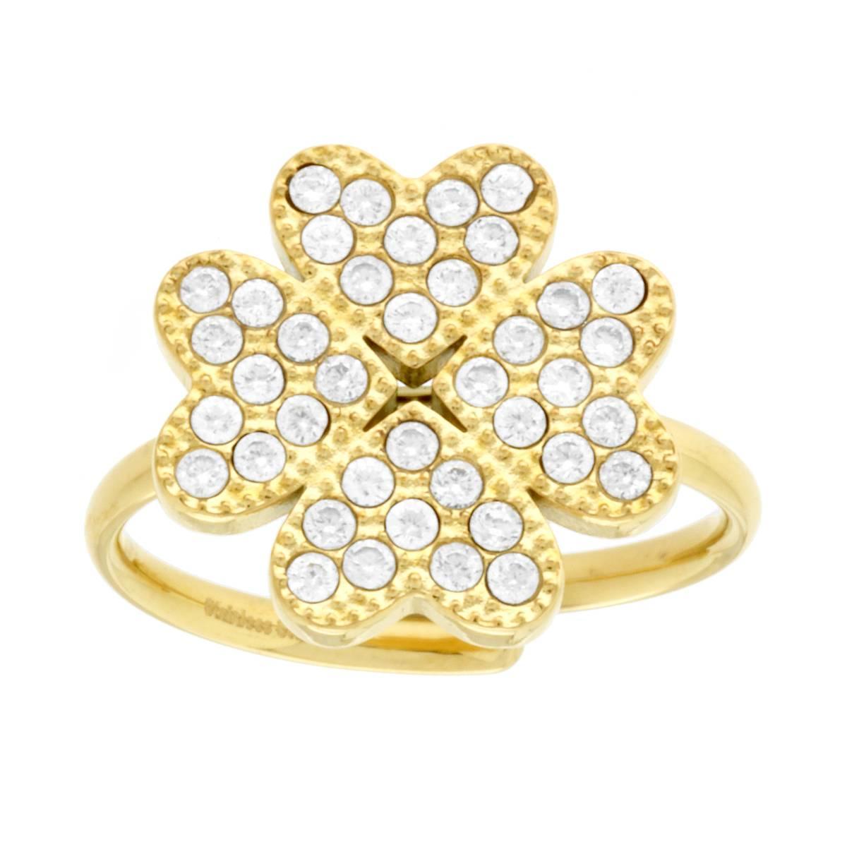 Anello Quadrifoglio con Crystal Bianchi in ACCIAIO colore Oro