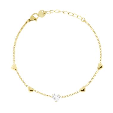 Bracciale Catena Grumetta con Cuori Bombati e Cuore Crystal Bianco in ACCIAIO colore Oro