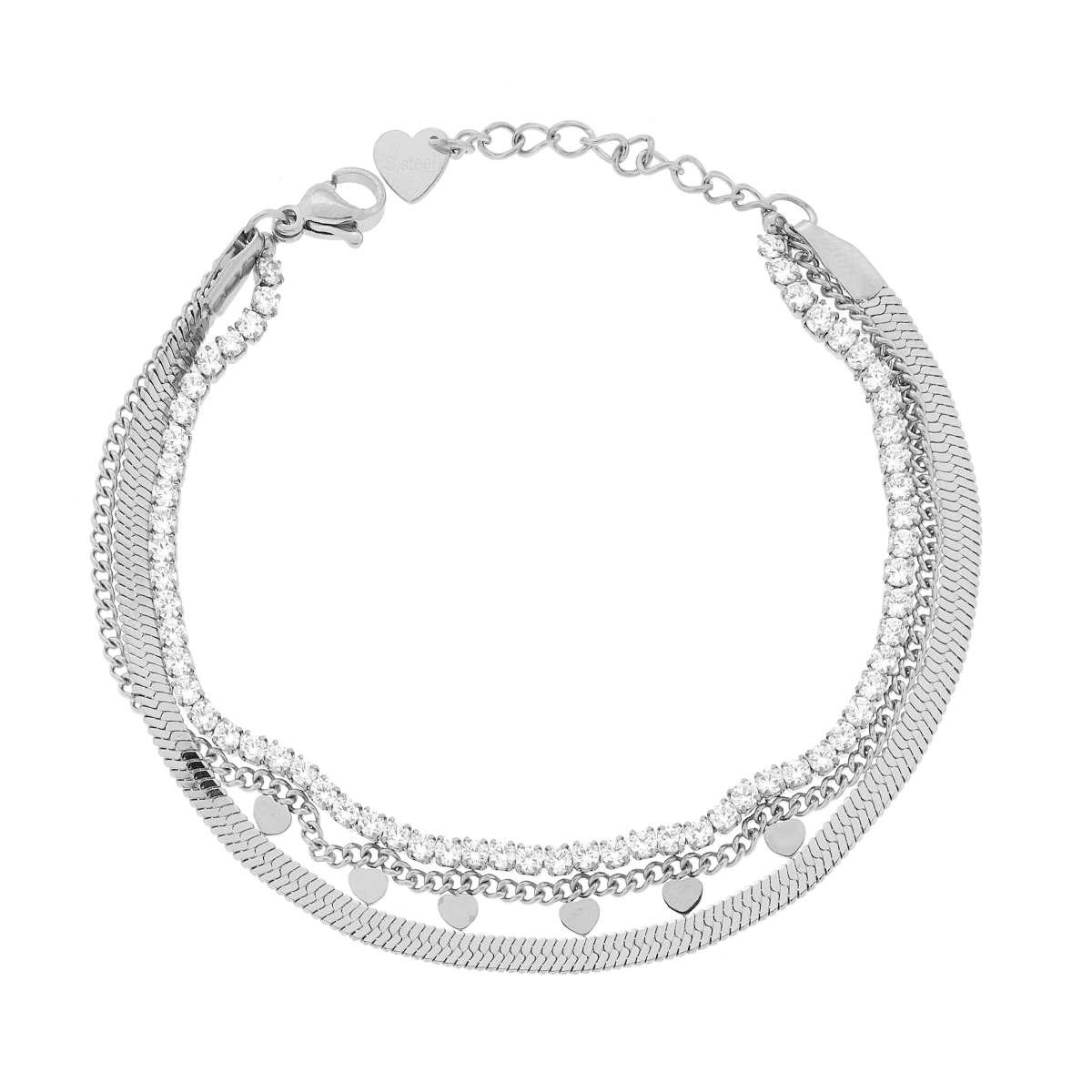 Bracciale Catena multifilo con Cuori e Tennis Crystal Bianchi in ACCIAIO