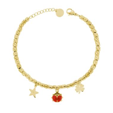 Bracciale Catena con Cilindri Martellati e Charms Portafortuna pendenti con Smalto Rosso in ACCIAIO colore Oro