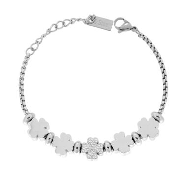 Bracciale Catena Veneziana Tonda con Quadrifogli e Crystal Bianchi in ACCIAIO