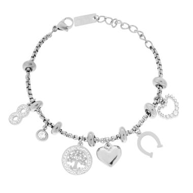 Bracciale Catena Veneziana tonda con Charms Portafortuna e Crystal Bianchi in ACCIAIO